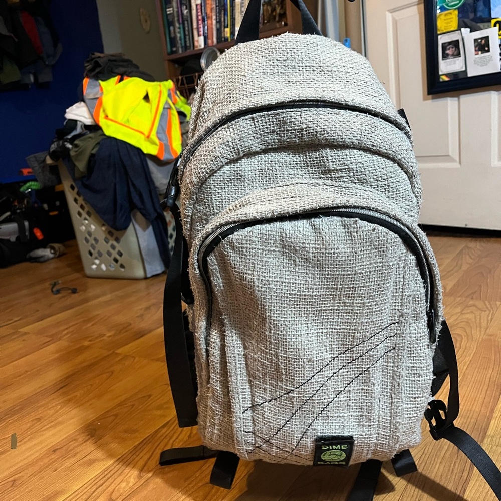 Mens/Women Dimebag backpack. Hemp fabric. Hidden main pouch pocket.